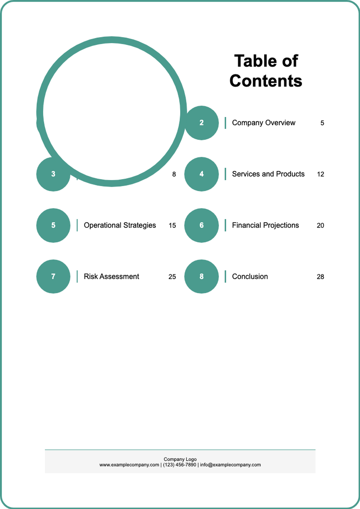 Professional business plan table of contents with teal circular header and numbered sections_variant_3